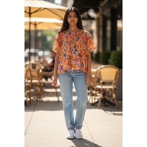 Dear John Bright Floral Ruffle Sleeve Blouse Top Women Size Medium Beach Spring